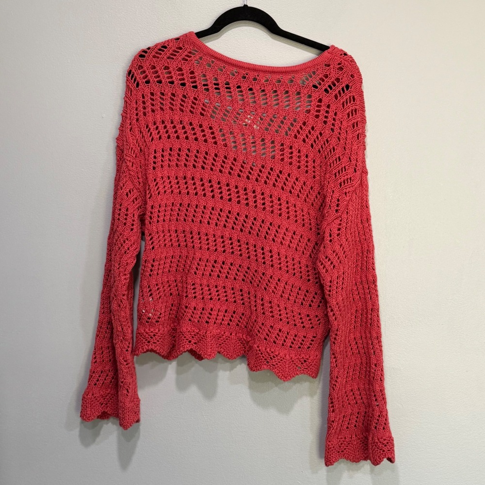 American Eagle Women M Coral Pink Crochet Open Knit V-Neck boho Sweater‎ NEW - Picture 2 of 7